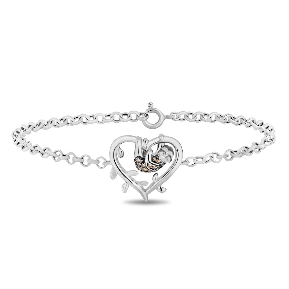 Hallmarkfinejewelry Sloth Heart Bracelet in Sterling Silver with Champagne Diamonds