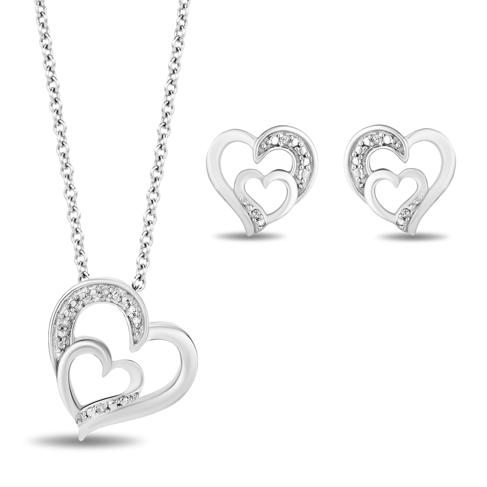 Hallmarkfinejewelry Sterling Silver Diamond Heart Earrings and Necklace Box Set