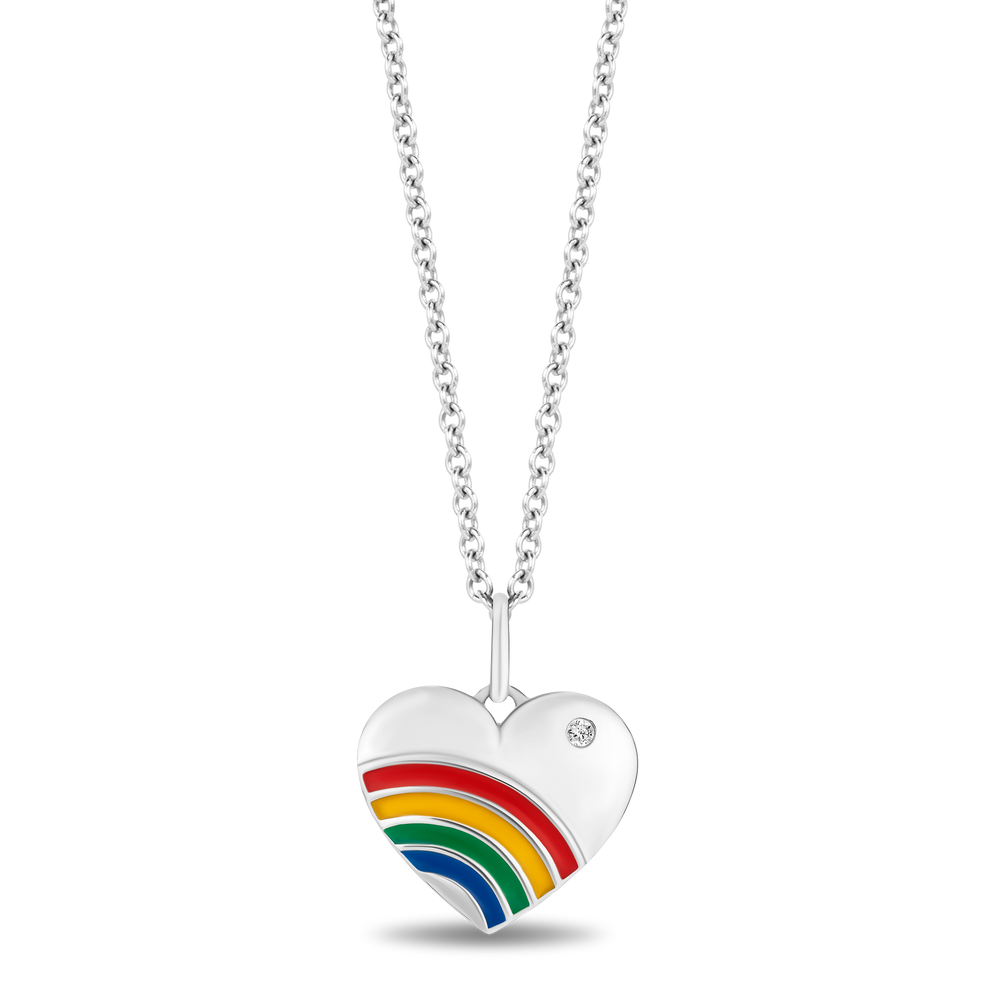 Hallmarkfinejewelry Sterling Silver and Enamel Rainbow Heart Necklace with Accent Diamonds