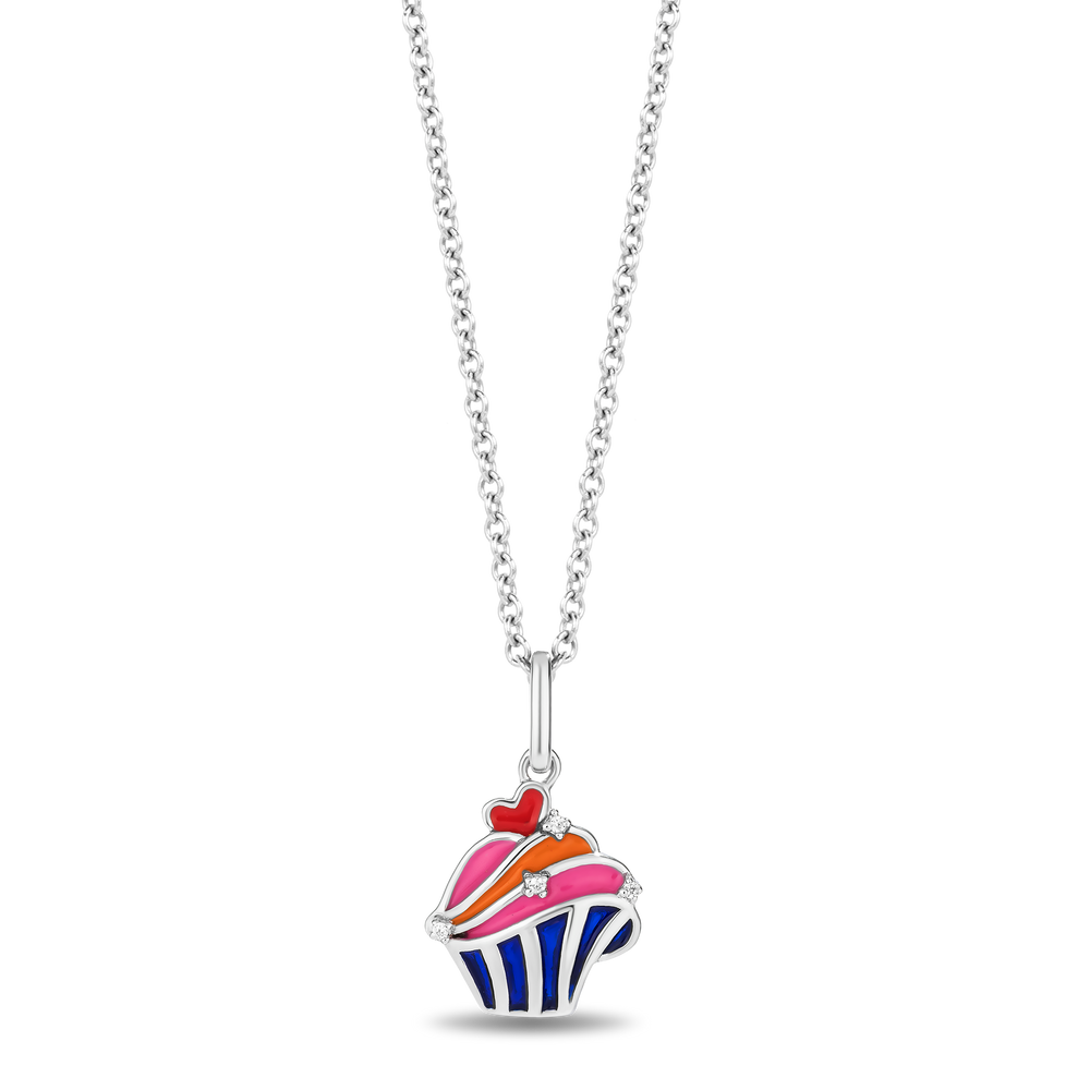 Hallmarkfinejewelry Sterling Silver and Enamel Cupcake Necklace with Accent Diamonds