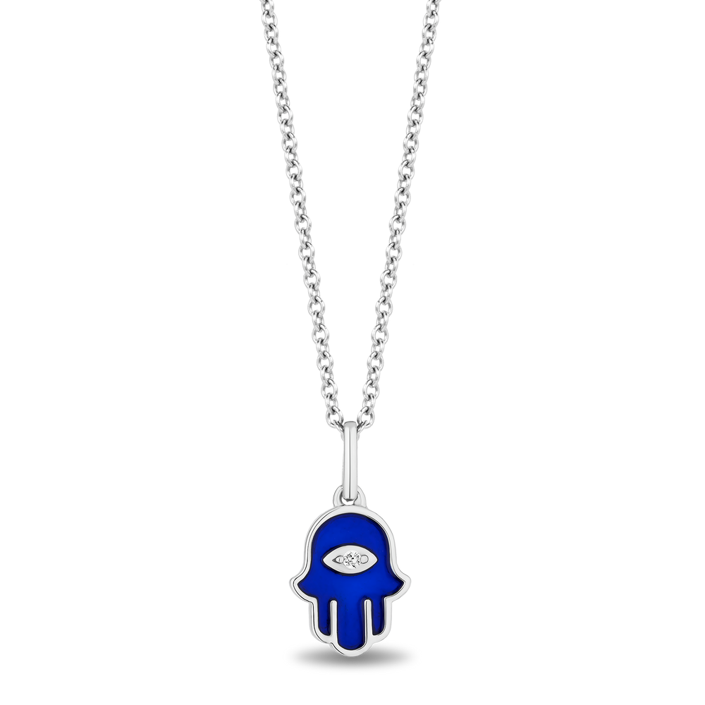 Hallmarkfinejewelry Sterling Silver and Enamel Hamsa Necklace with Accent Diamonds