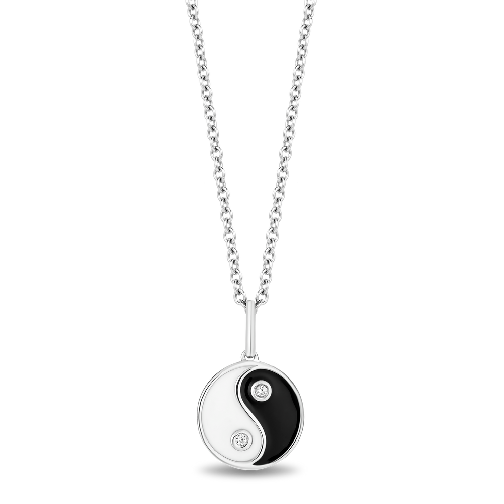 Hallmarkfinejewelry Sterling Silver and Enamel Ying-Yang Neckalce with Accent Diamonds