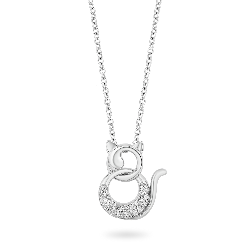 Hallmarkfinejewelry Cute Cat Diamond Pendant in Sterling Silver View 1