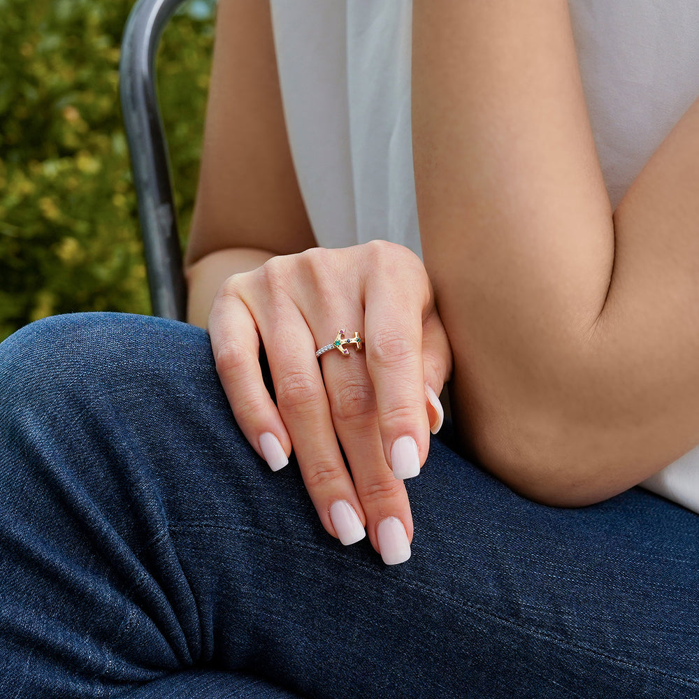 Hallmarkfinejewelry Rainbow Gemstone Anchor Ring in Sterling Silver & 14K Yellow Gold with Diamonds, Created Ruby, Sapphire, & Emerald