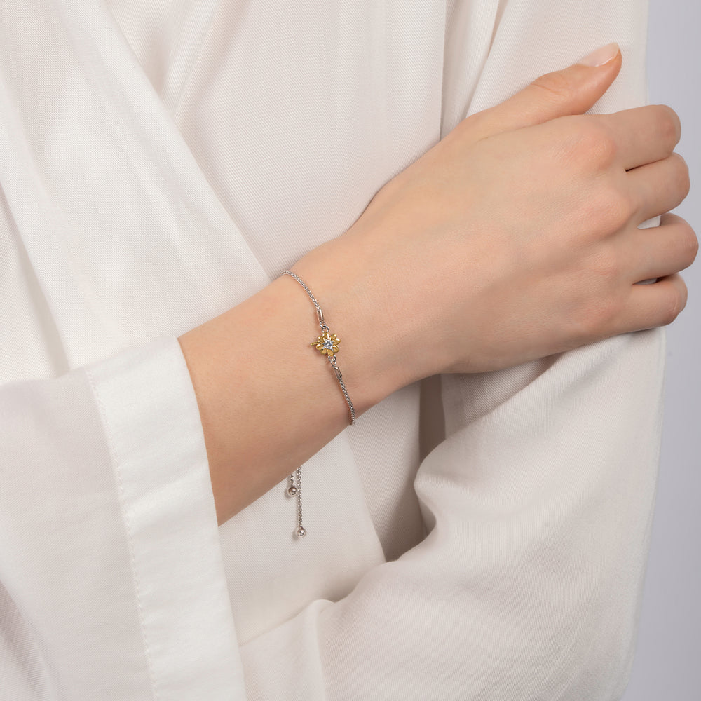 Hallmarkfinejewelry Four Leaf Clover Bolo Bracelet in 14K Yellow Gold & Sterling Silver with Diamonds