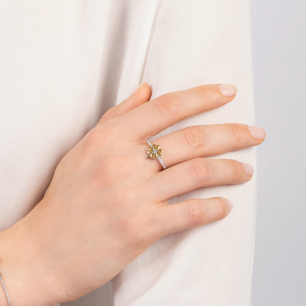 Hallmarkfinejewelry Shamrock Ring in 14K Yellow Gold & Sterling  Silver with Diamonds