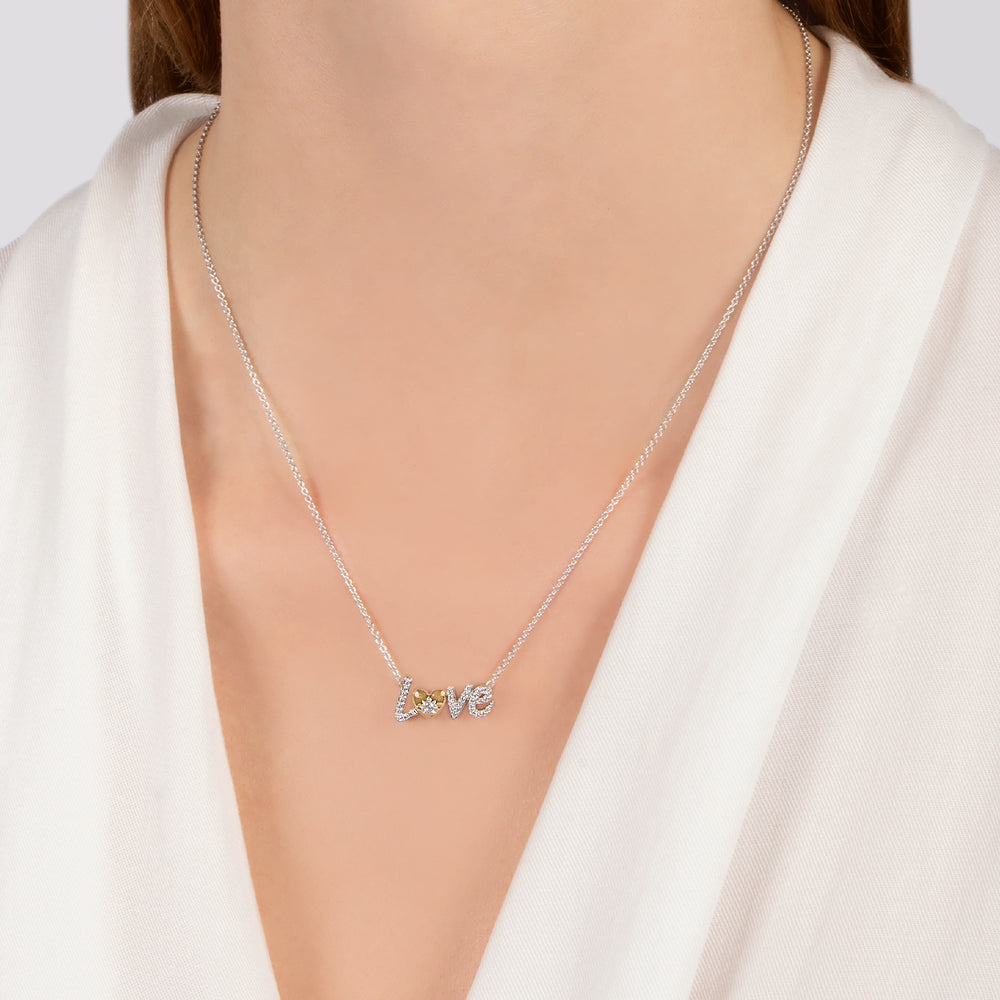 Hallmarkfinejewelry Diamond LOVE Necklace in Sterling Silver & 14K Yellow Gold