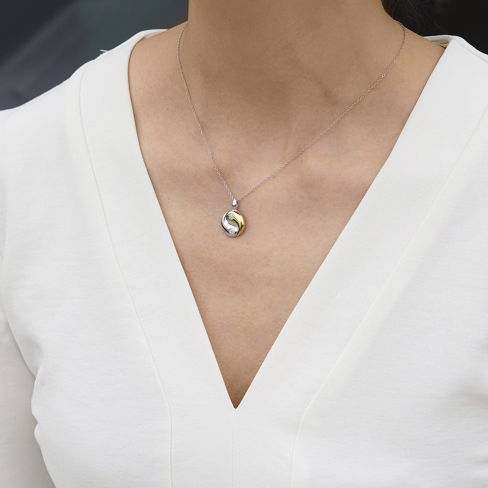Hallmarkfinejewelry Modern Ying-Yang Pendant in Sterling Silver and 14K Yellow Gold with Diamond Accents