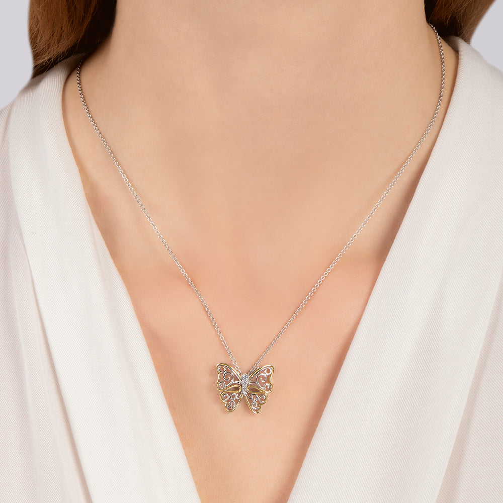 Hallmarkfinejewelry Gilded Lace Butterfly Pendant in Sterling Silver & 14K Yellow Gold with Diamonds