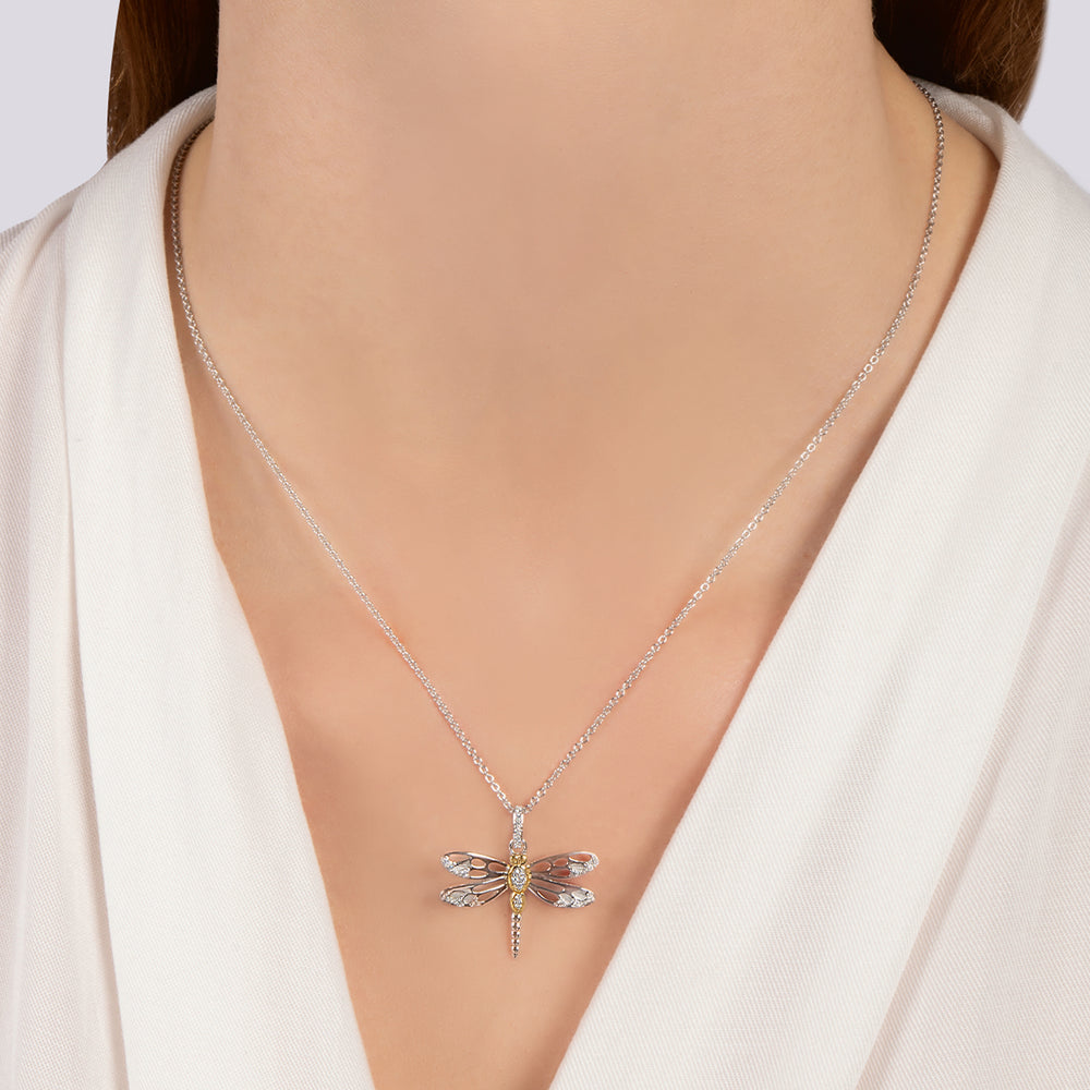 Hallmarkfinejewelry Dragonfly Pendant in Sterling Silver & 14K Yellow Gold with Diamonds