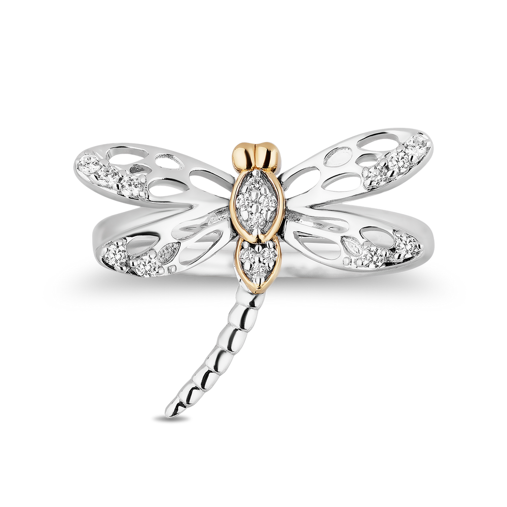 Hallmarkfinejewelry Dragonfly Diamond Ring in Sterling Silver & Yellow Gold with 1/6 CTTW View 1