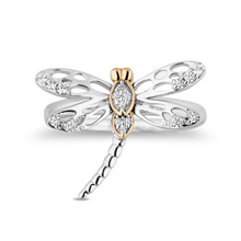 Load image into Gallery viewer, Hallmarkfinejewelry Dragonfly Diamond Ring in Sterling Silver &amp; Yellow Gold with 1/6 CTTW View 1

