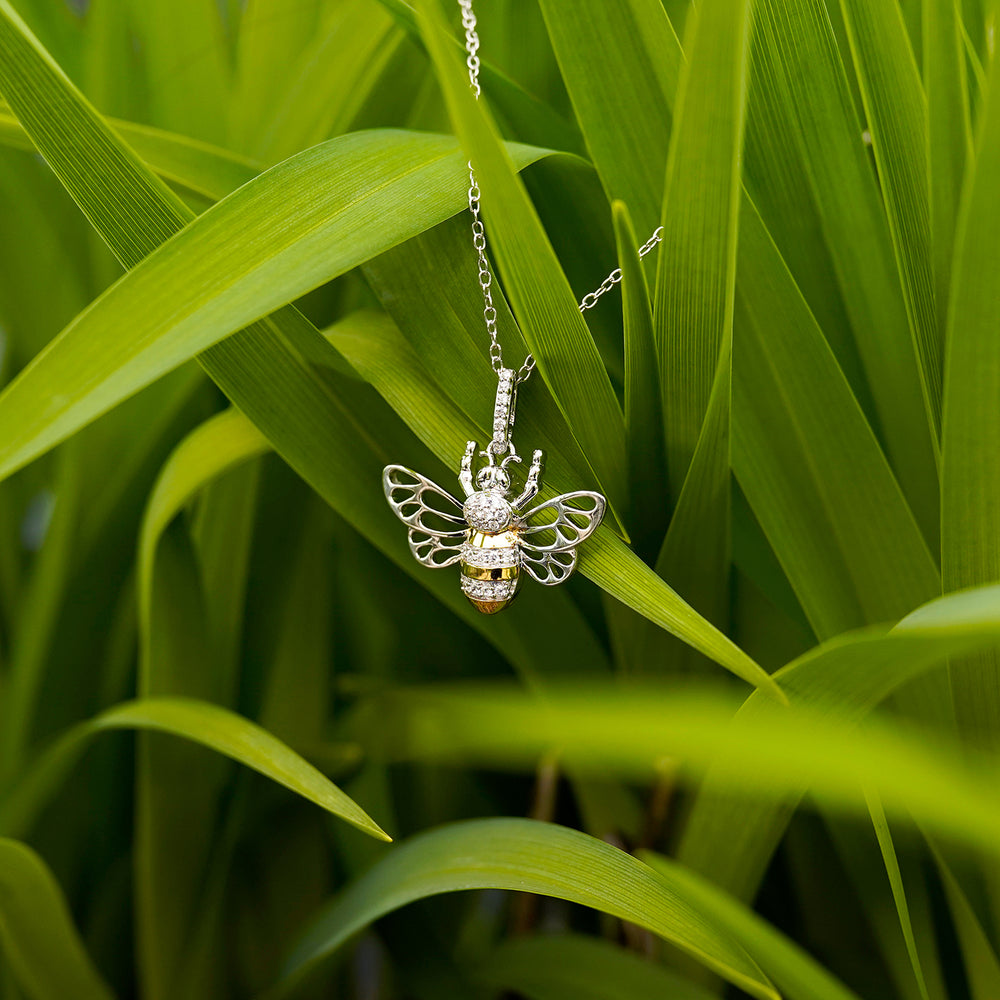 Hallmarkfinejewelry Queen Bee Pendant in Sterling Silver & 14K Yellow Gold with Diamonds