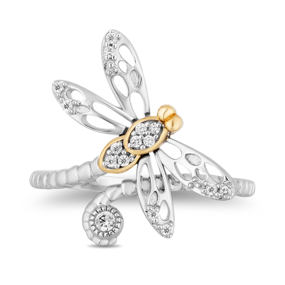 Hallmarkfinejewelry Dragonfly Diamond Ring in Sterling Silver & Yellow Gold View 1