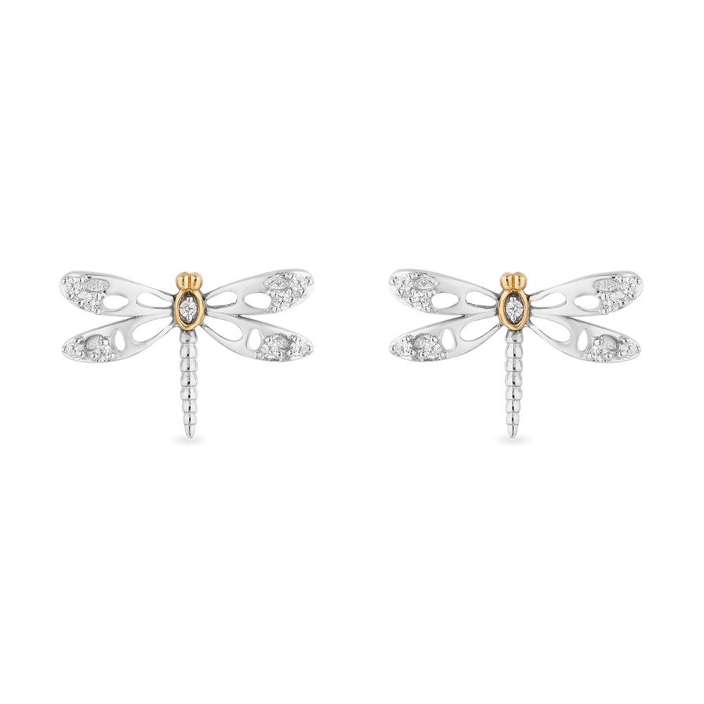 Hallmarkfinejewelry Dragonfly Stud Diamond Earrings in Sterling Silver & Yellow Gold View 1