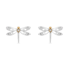 Load image into Gallery viewer, Hallmarkfinejewelry Dragonfly Stud Diamond Earrings in Sterling Silver &amp; Yellow Gold View 1
