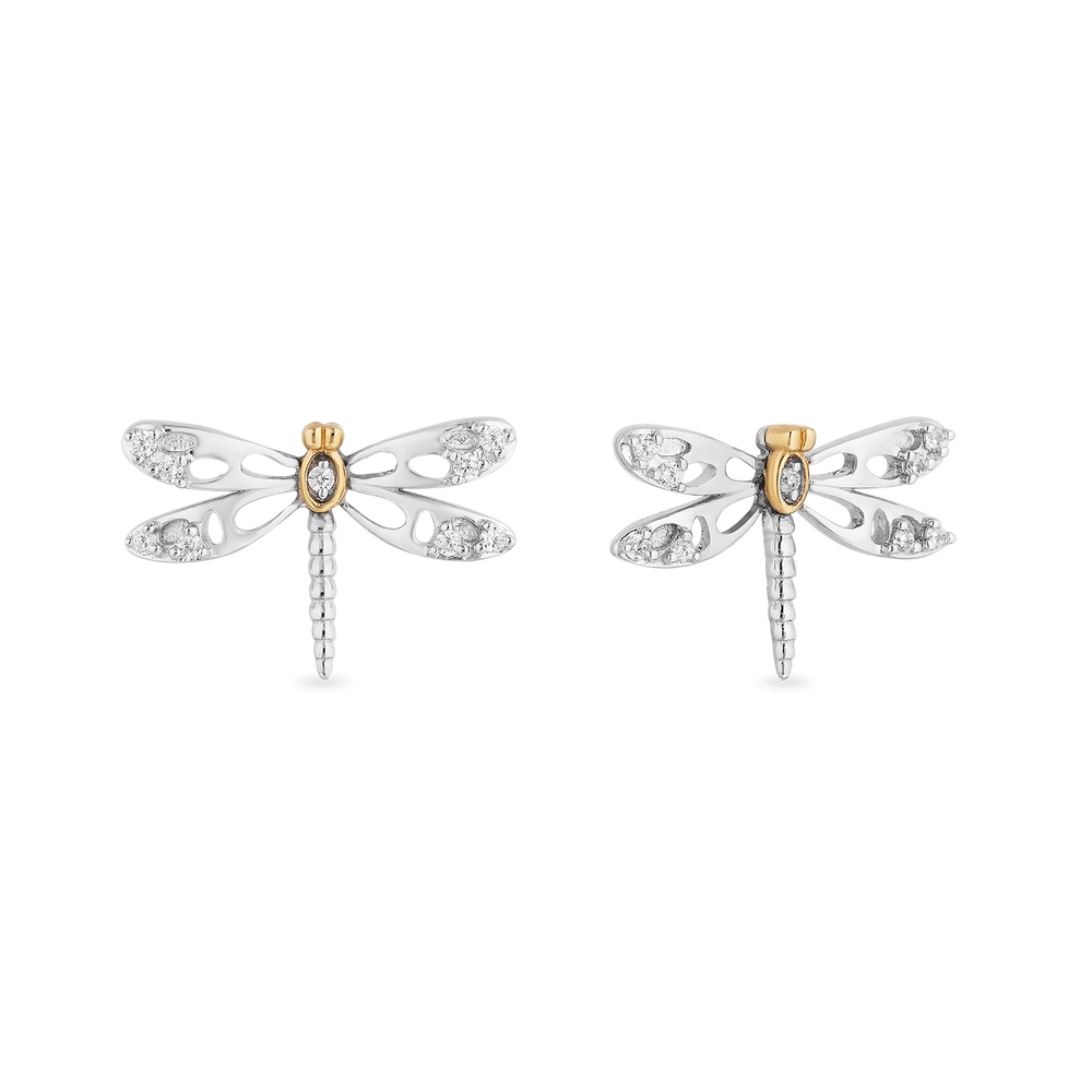 Hallmarkfinejewelry Dragonfly Stud Diamond Earrings in Sterling Silver & Yellow Gold View 1