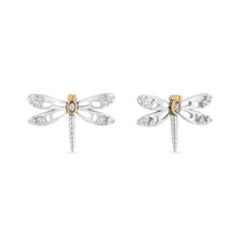 Load image into Gallery viewer, Hallmarkfinejewelry Dragonfly Stud Diamond Earrings in Sterling Silver &amp; Yellow Gold View 1
