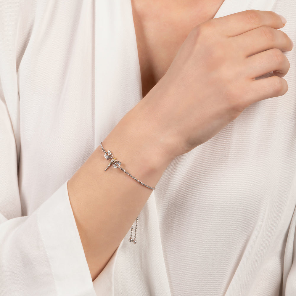 Hallmarkfinejewelry Dragonfly Bolo Bracelet in Sterling Silver & 14K Yellow Gold with Diamonds