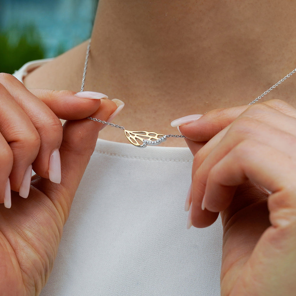 Hallmarkfinejewelry Wild Wing Necklace in 14K Yellow Gold & Sterling Silver with Diamonds