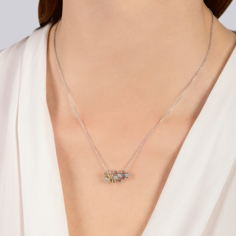 Hallmarkfinejewelry Honeybee Pendant in Sterling Silver & 14K Yellow Gold with Diamonds
