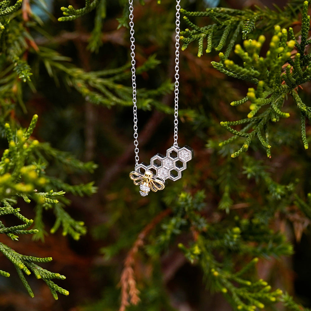 Hallmarkfinejewelry Honeybee Pendant in Sterling Silver & 14K Yellow Gold with Diamonds