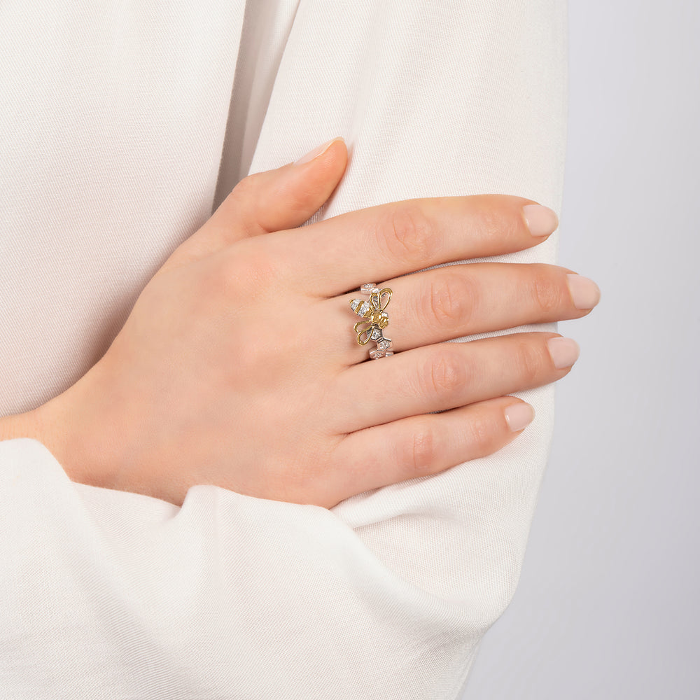 Hallmarkfinejewelry Busy Bee Ring in Sterling Silver & 14K Yellow Gold with Diamonds