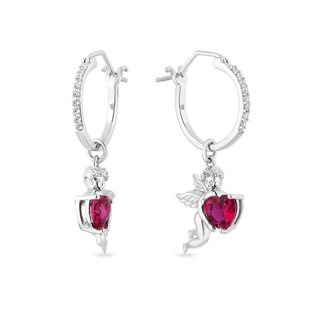 Hallmarkfinejewelry Cupid Diamond Earrings in Sterling Silver & Created Ruby View 1