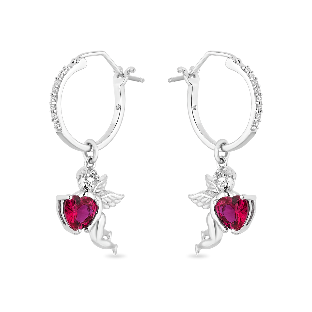 Hallmarkfinejewelry Cupid Diamond Earrings in Sterling Silver & Created Ruby View 1