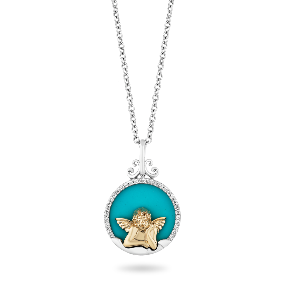 Hallmarkfinejewelry Cherub Diamond Pendant in Sterling Silver & Yellow Gold & Special Cut Turquoise View 1