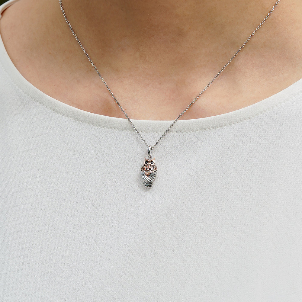Hallmarkfinejewelry Owl Embrace Pendant in Sterling Silver & 14K Rose Gold with Black Diamonds & Smoky Quartz