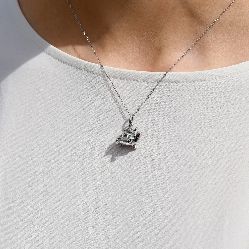 Hallmarkfinejewelry Turtle Pendant in Sterling Silver with Diamonds & Created Emerald