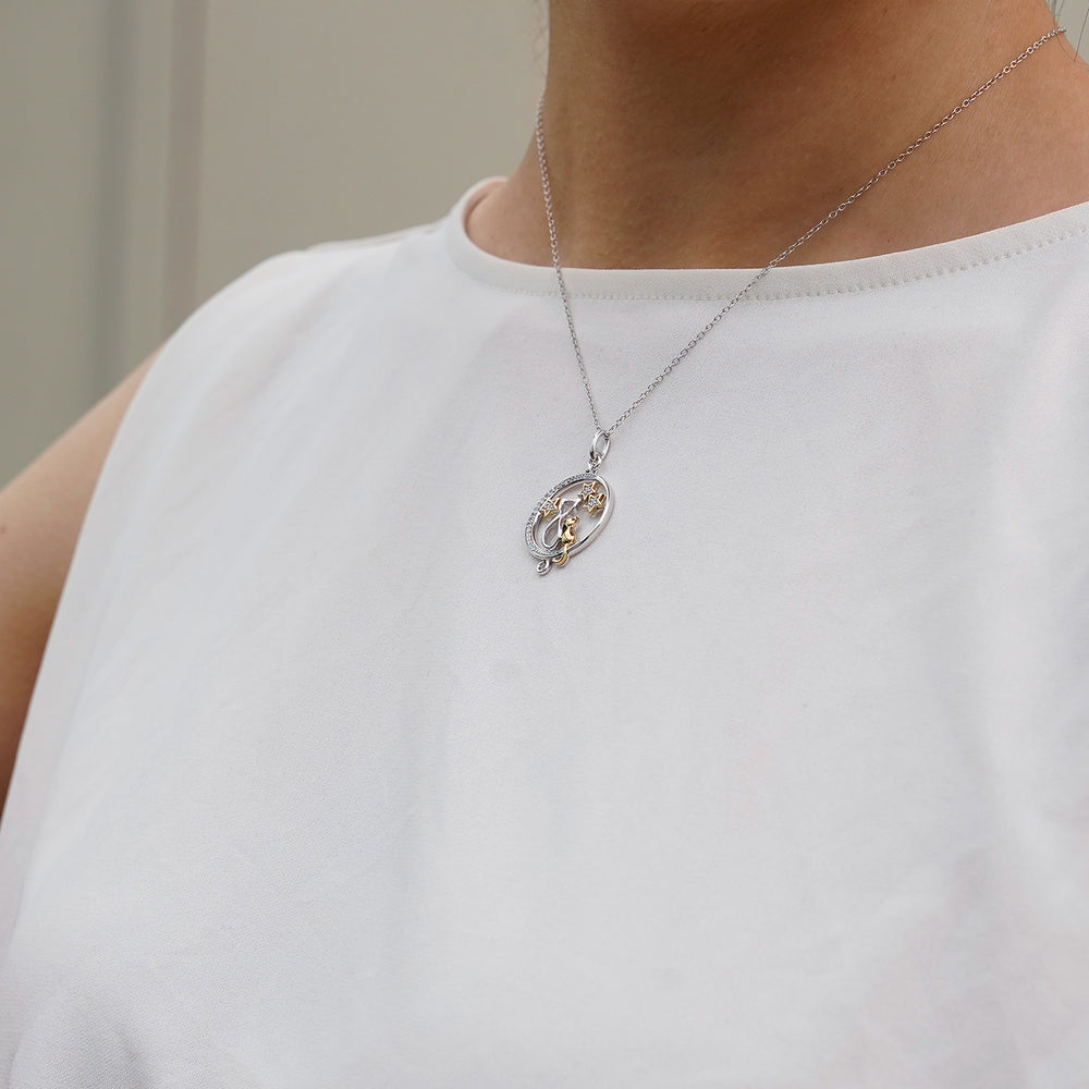 Hallmarkfinejewelry Cosmic Cat Medallion in Sterling Silver & 14K Yellow Gold with Diamonds