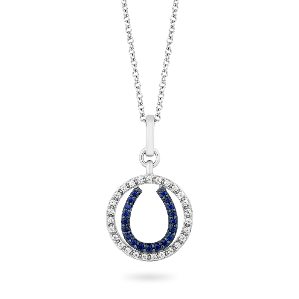 Hallmarkfinejewelry Horseshoe Diamond Pendant in Sterling Silver & Created Blue Sapphire View 1