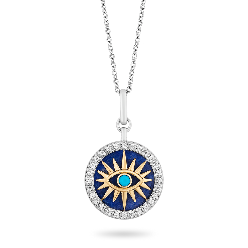 Hallmarkfinejewelry Evil Eye Diamond Pendant in Sterling Silver & Yellow Gold with Lapis & Synthetic Turquoise View 1