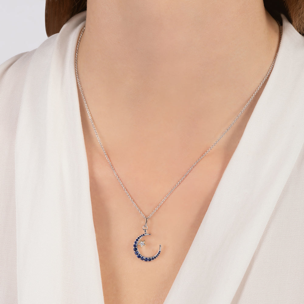 Hallmarkfinejewelry Midnight Sky Crescent Moon Pendant in Sterling Silver & 14K Yellow Gold with Created Blue Sapphire & Diamond