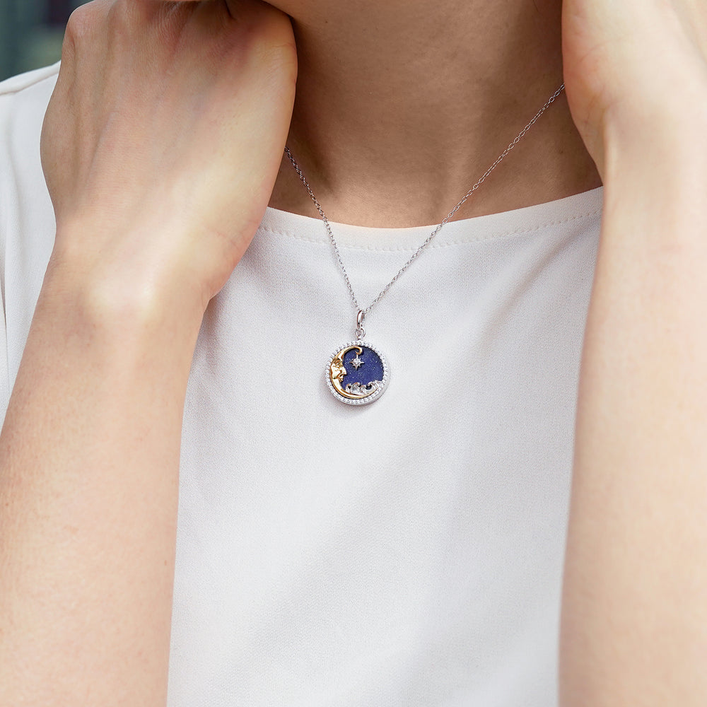Hallmarkfinejewelry Over The Moon Medallion in Sterling Silver & 14K Yellow Gold with Diamonds & Lapis