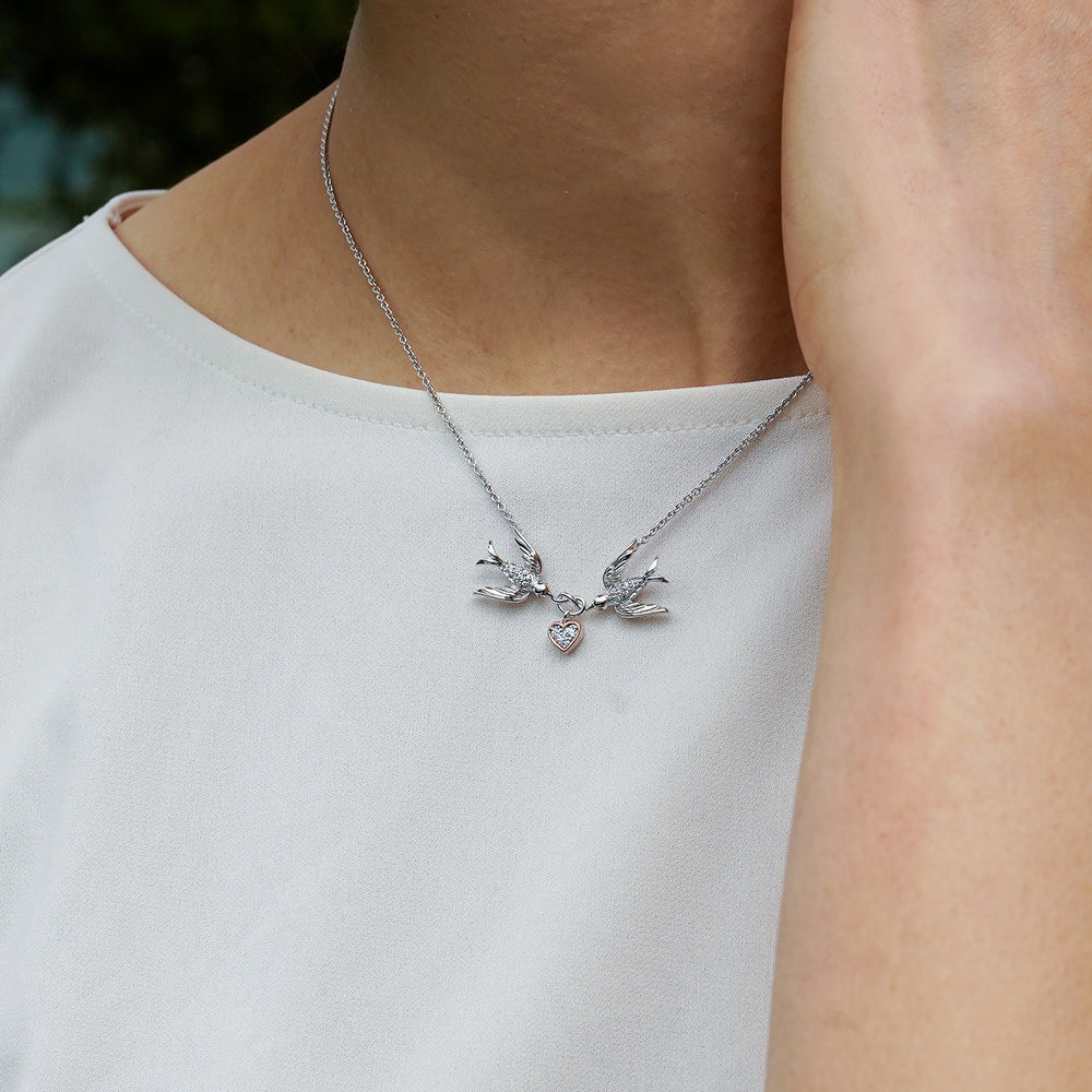 Hallmarkfinejewelry Lovebird Necklace in Sterling Silver & 14K Rose Gold with Diamonds