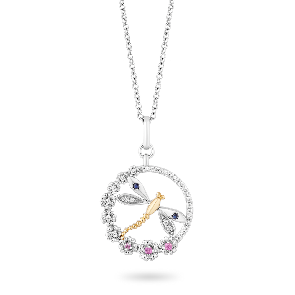Hallmarkfinejewelry Dragonfly Diamond Pendant in Sterling Silver & Yellow Gold with Created Pink Sapphire & Blue Sapphire View 1