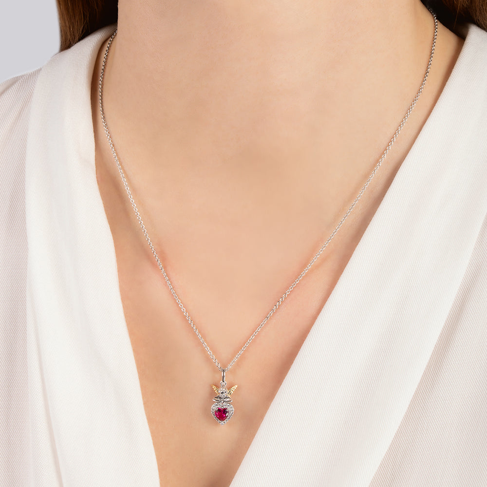 Hallmarkfinejewelry I Heart You Pendant in Sterling Silver & 14K Yellow Gold with Diamonds & Created Ruby