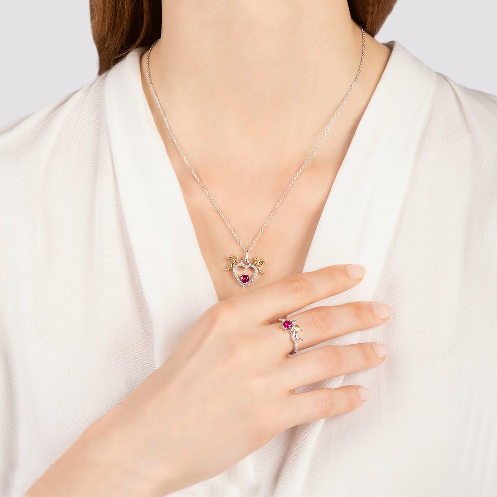 Hallmarkfinejewelry Cupid’s Beating Heart Necklace in Sterling Silver & 14K Yellow Gold with Diamonds & Created Ruby