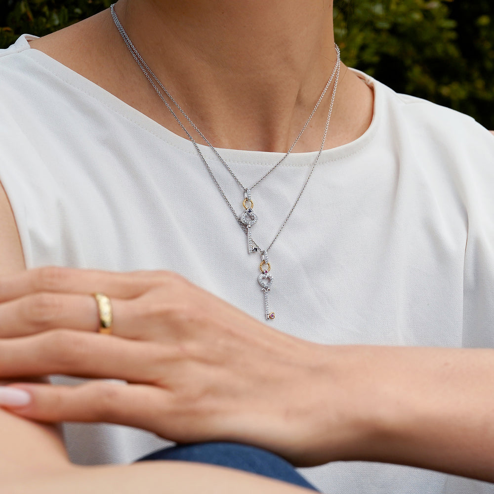 Hallmarkfinejewelry Diamond Key Pendant in Sterling Silver & 14K Yellow Gold with Created Blue Sapphire & Diamonds