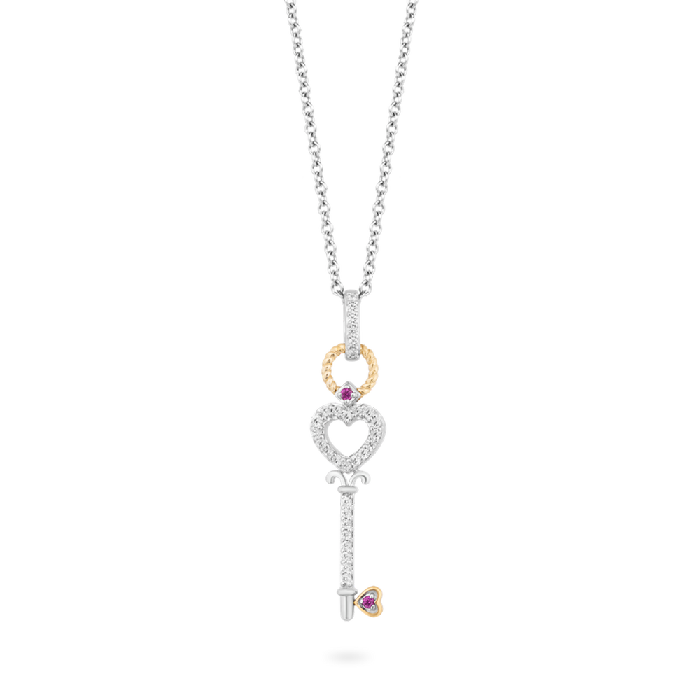 Hallmarkfinejewelry Key Diamond Pendant in Sterling Silver & Yellow Gold & Created Ruby View 1