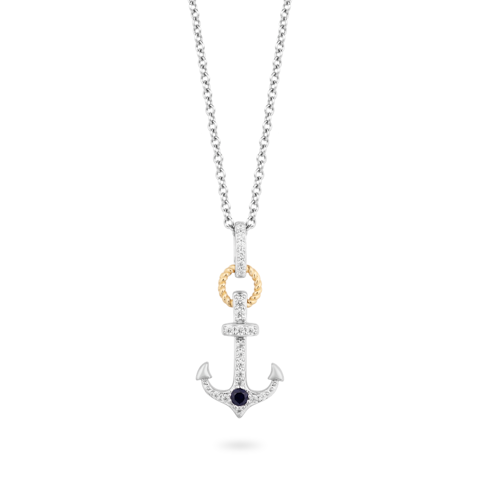 Hallmarkfinejewelry Anchor Diamond Pendant in Sterling Silver & Yellow Gold & Created Blue Sapphire View 1