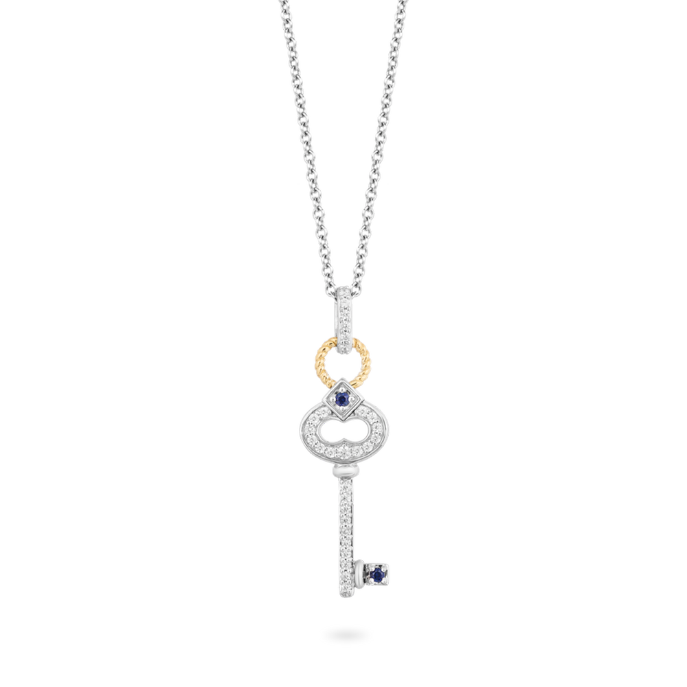 Hallmarkfinejewelry Key Diamond Pendant in Sterling Silver & Yellow Gold & Created Blue Sapphire View 1