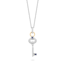 Load image into Gallery viewer, Hallmarkfinejewelry Key Diamond Pendant in Sterling Silver &amp; Yellow Gold &amp; Created Blue Sapphire View 1
