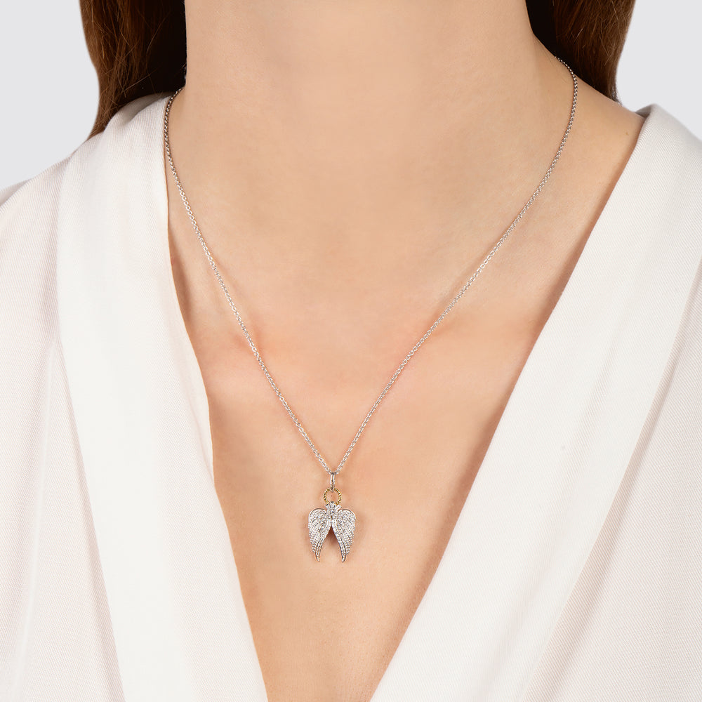 Hallmarkfinejewelry Angel Wings Pendant in Sterling Silver & 14K Yellow Gold with Diamonds