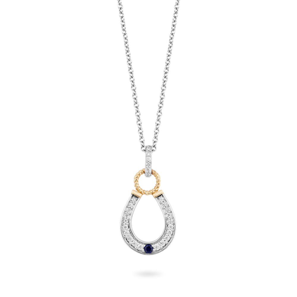 Hallmarkfinejewelry Horseshoe Diamond Pendant in Sterling Silver & Yellow Gold & Created Blue Sapphire View 1