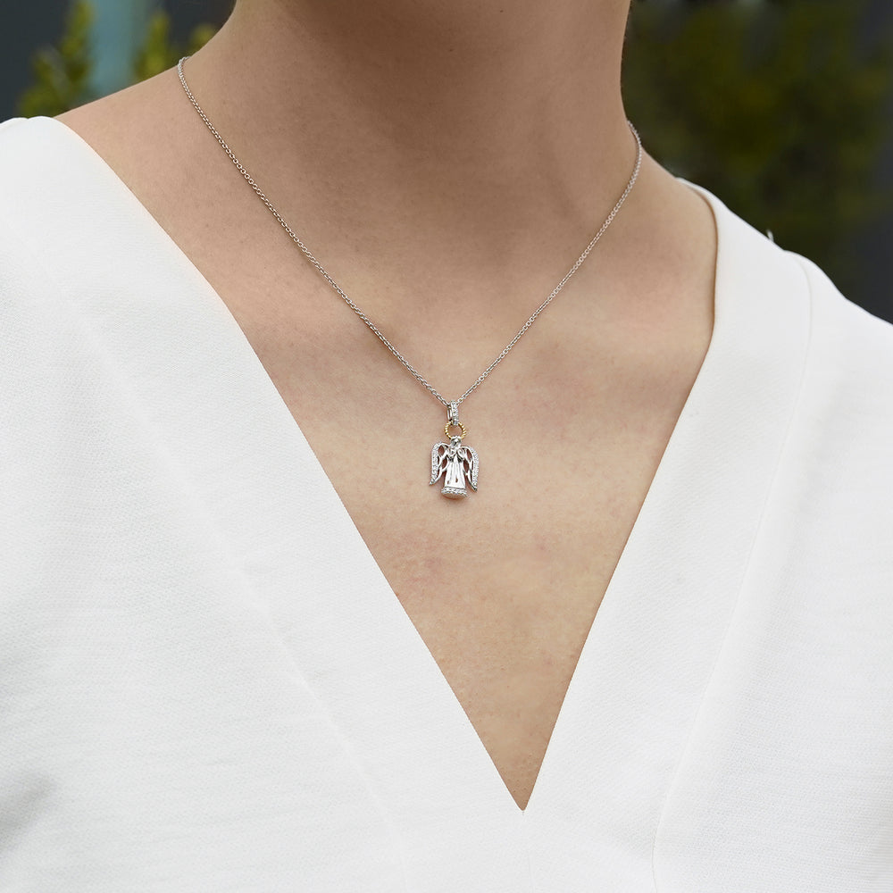 Hallmarkfinejewelry Guardian Angel Pendant in Sterling Silver and 14K Yellow Gold with Diamonds