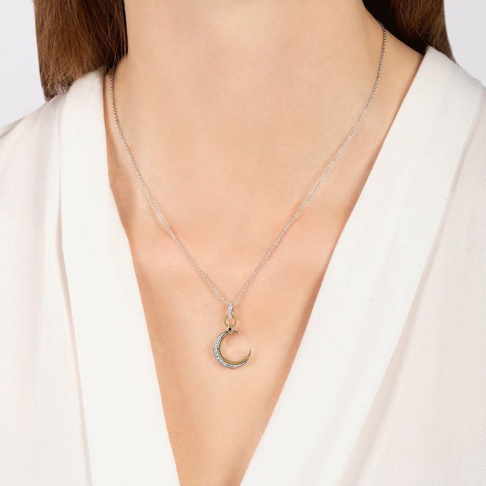 Hallmarkfinejewelry Crescent Moon Pendant in Sterling Silver & 14K Yellow Gold with Diamonds & Created Blue Sapphire